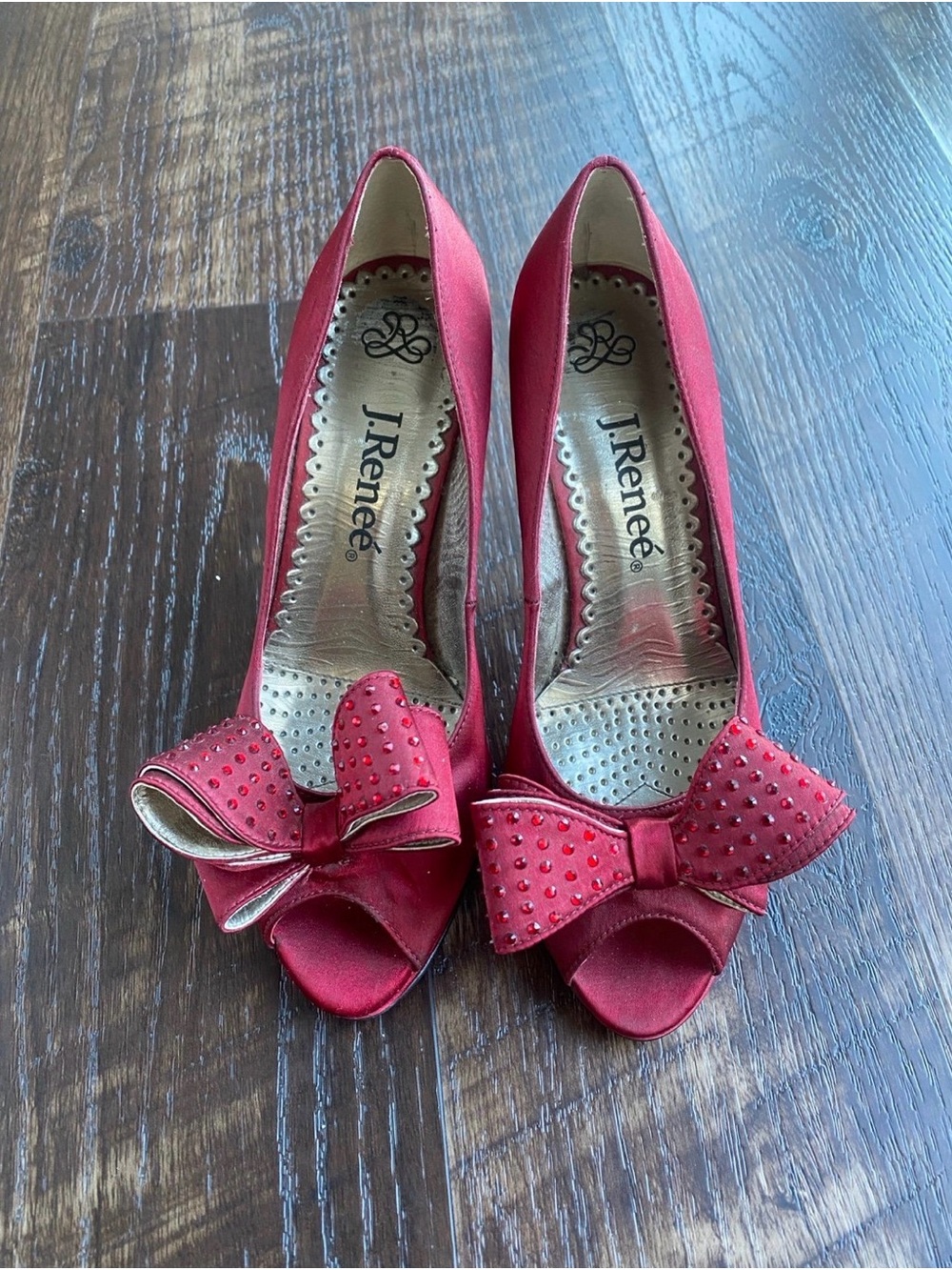 J.Renee Red Satin Peep-Toe Bow Pumps with Stud Accents